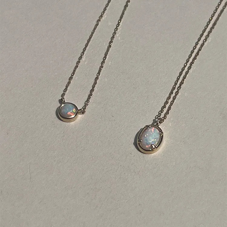 Oval geometric jelly opal pendant on a chain with 14K gold or white gold plating over S925 silver.