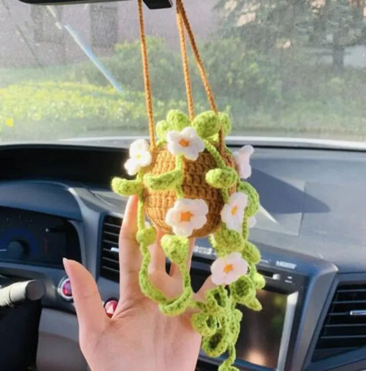 Green and white knitted wool car plant decoration with 8cm base and 25cm hanging rope