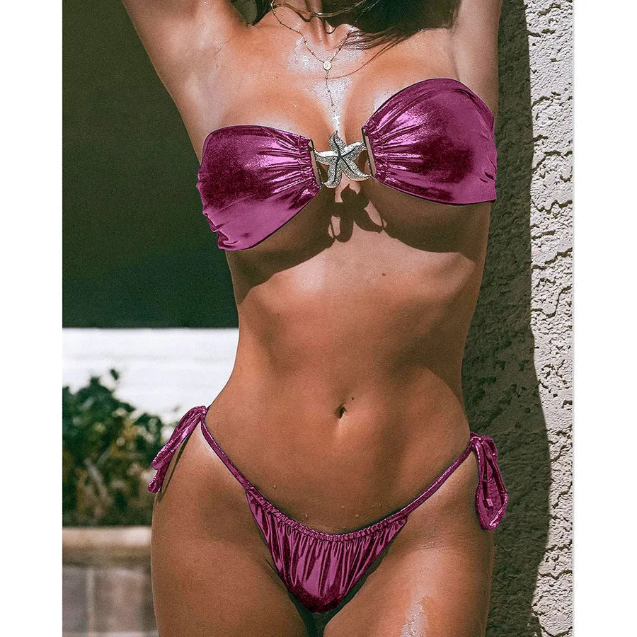 Women's glossy tube top split bikini with gold starfish pattern in sapphire blue colour