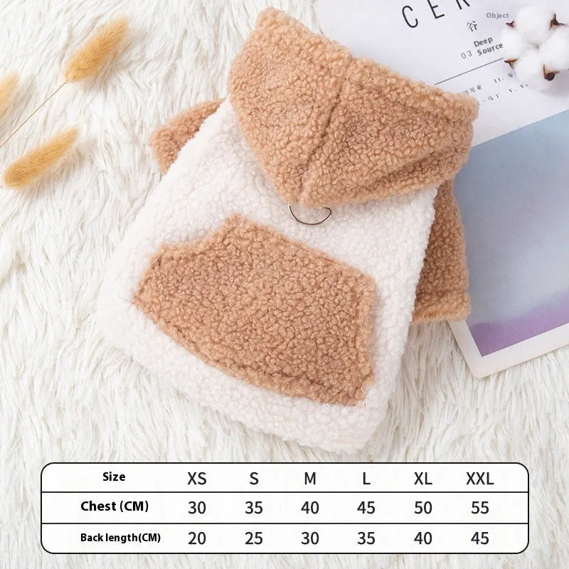 Brown pet hooded cotton-padded coat on a dog with thickened winter padding and full hood
