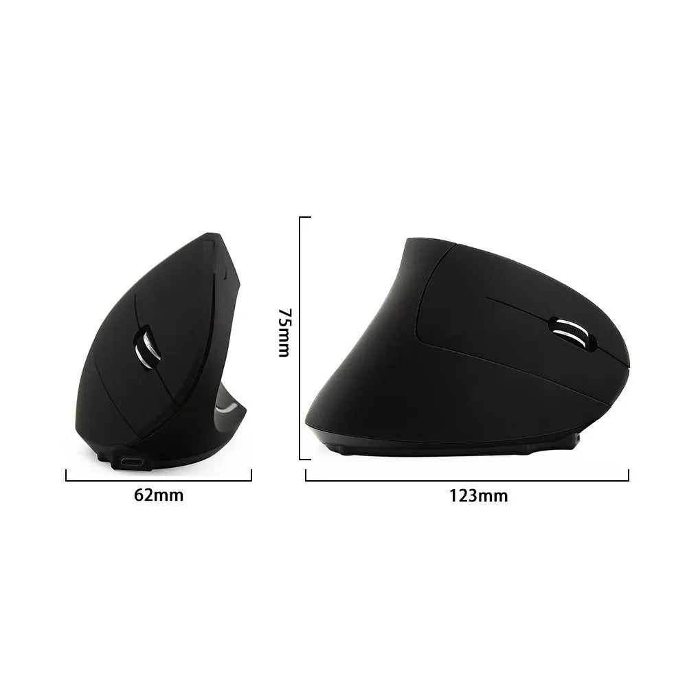 Wired black optical mouse with ergonomic handheld shape, six buttons, four-way scroll wheel, and USB cable on a desk
