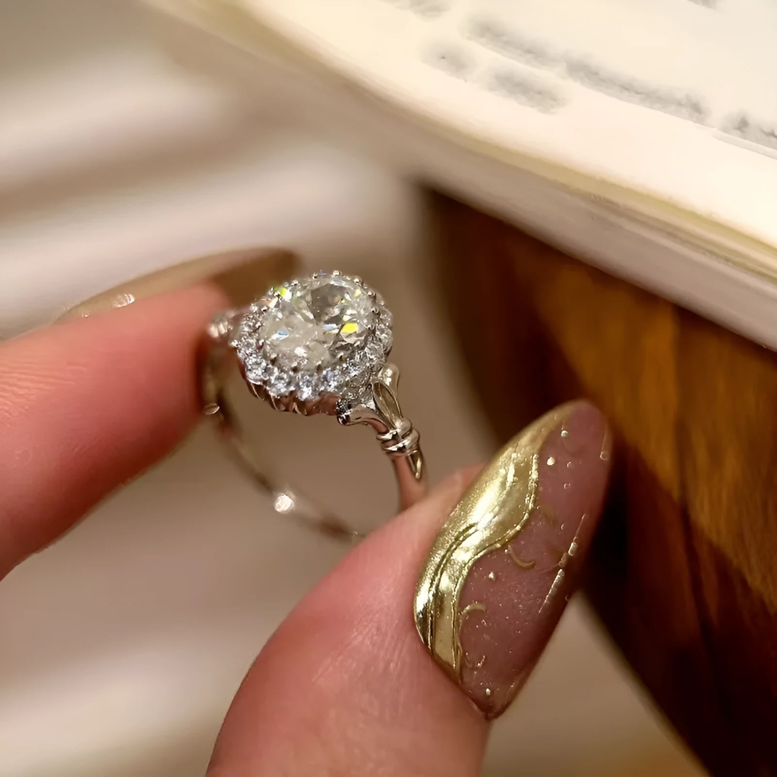 Silver adjustable ring with a large geometric bridal bouquet design and diamond treatment.