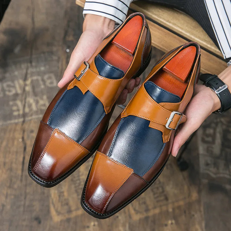 Men's brown blue and black British retro style casual shoes with buckle closure and tall crown