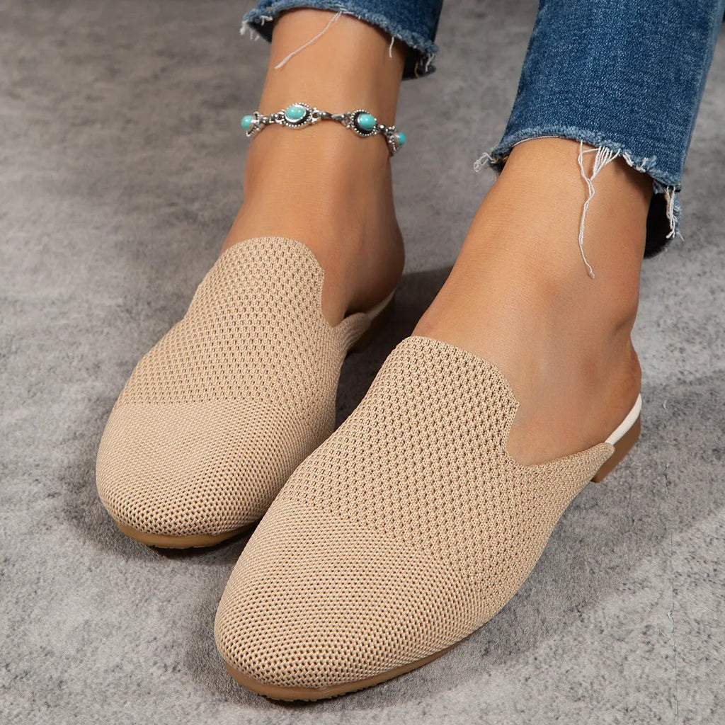 Casual mesh slip-on sandals in apricot, blue, and green colours with round toe and rubber sole.