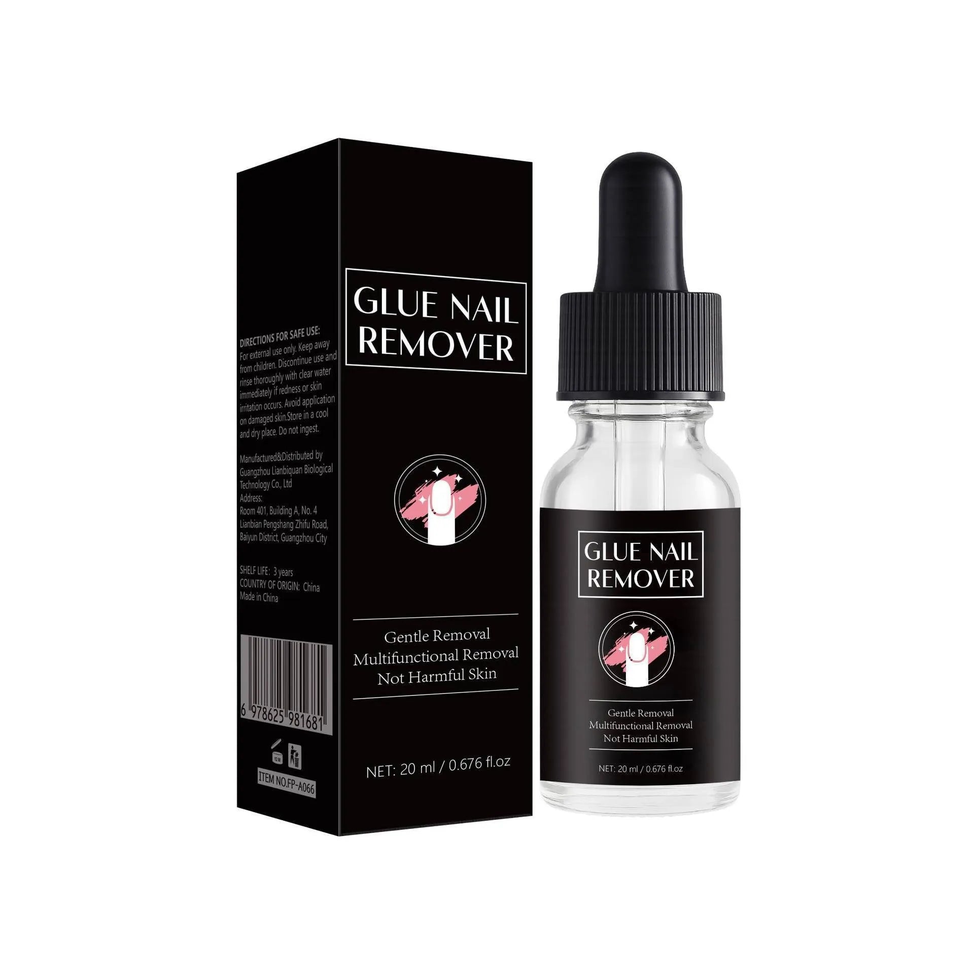 20ml bottle of nail glue remover with a white pump dispenser on a blue background