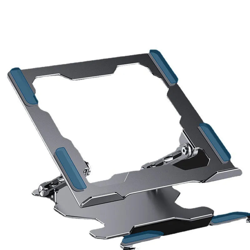 Grey aluminium laptop stand with adjustable angle, shown holding a silver laptop.
