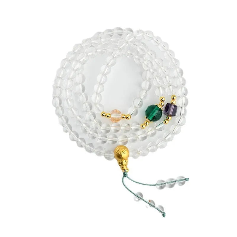 White crystal 108-bead rosary bracelet necklace with geometric beads and ethnic styling