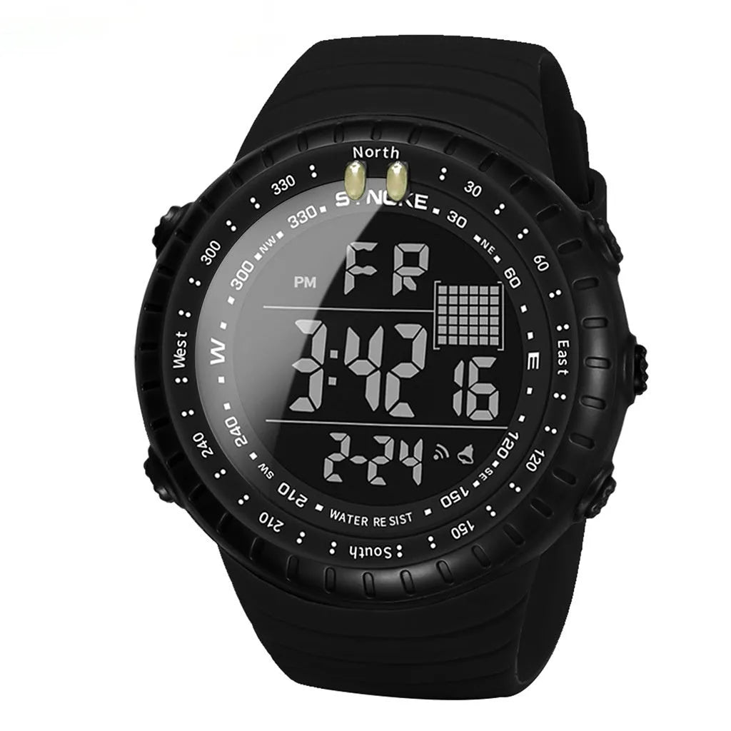 Black digital outdoor watch with large dial and PU strap on a wrist.