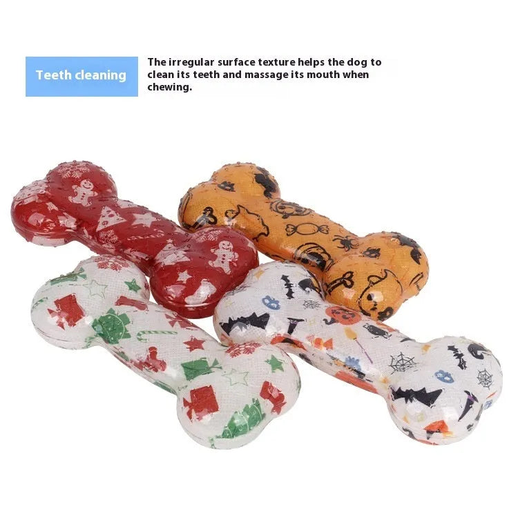 TPR bone-shaped dog toy with nibbling sound mechanism in seasonal colour designs