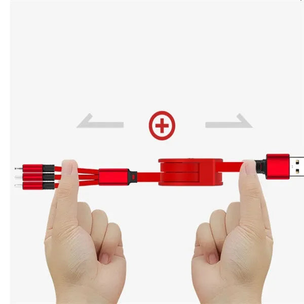 3-in-1 telescopic charging cable extended to show connectors with 120cm TPE cable and titanium alloy plugs.