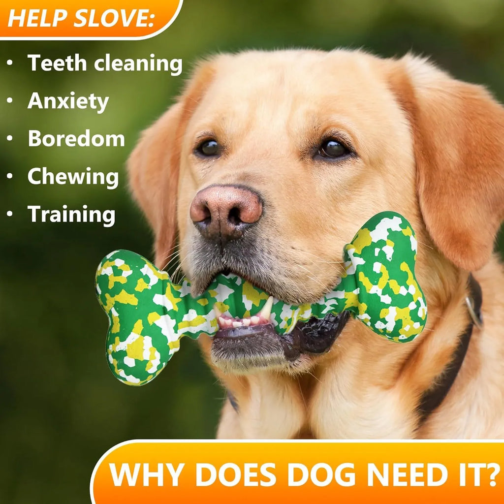 Natural rubber bone-shaped dog chew toy in a camouflage pattern for large breed aggressive chewers.