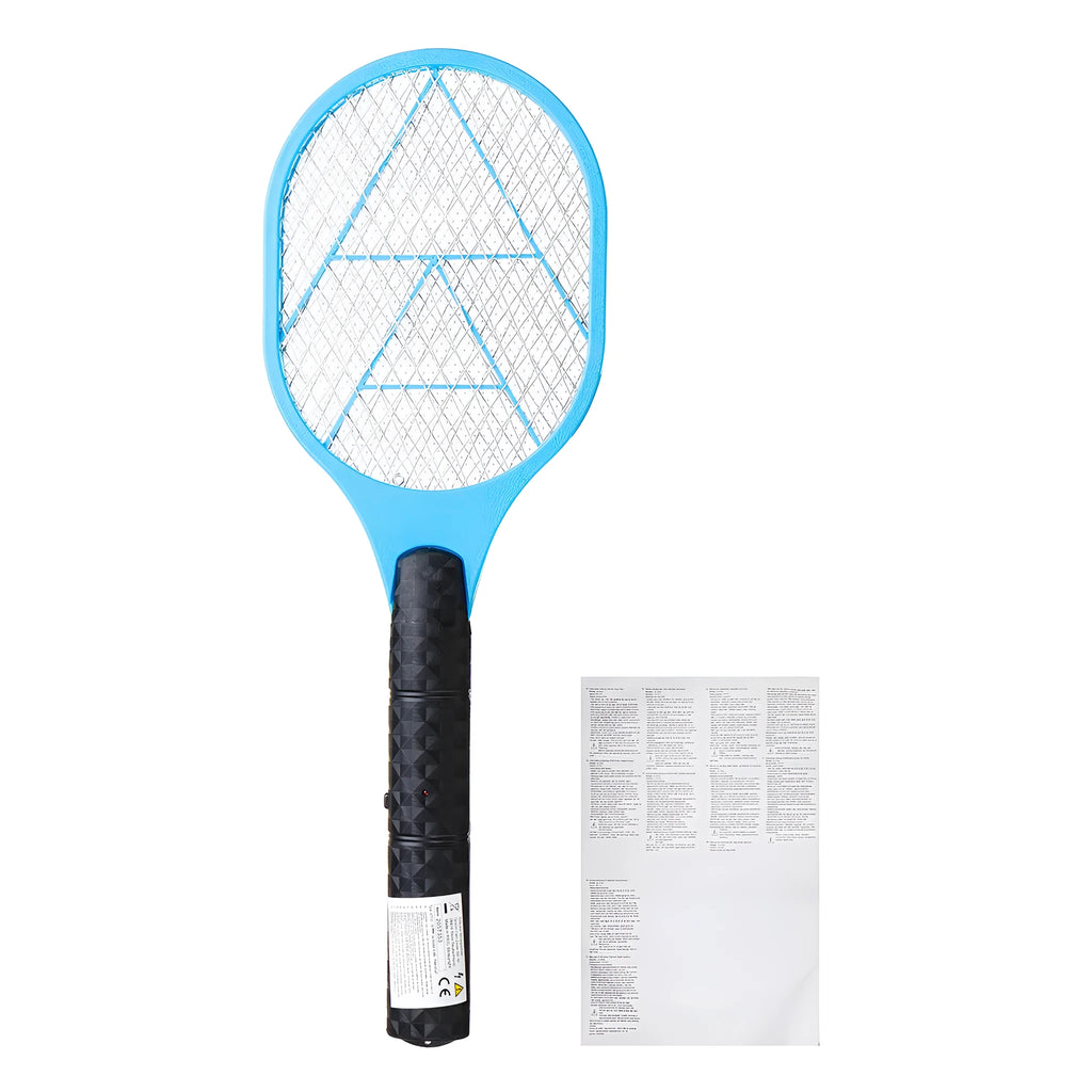 Blue battery powered electric mosquito swatter with LED light and safety guard, 45cm length