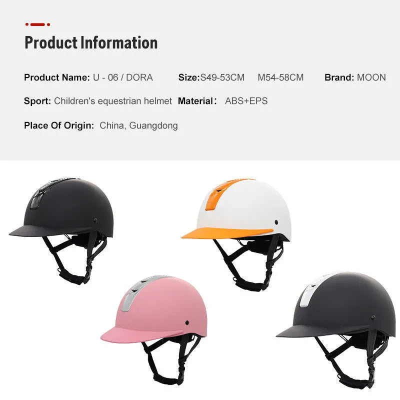 Super light summer equestrian riding helmet in ABS EPS material showing colour options including bright black and silver pink