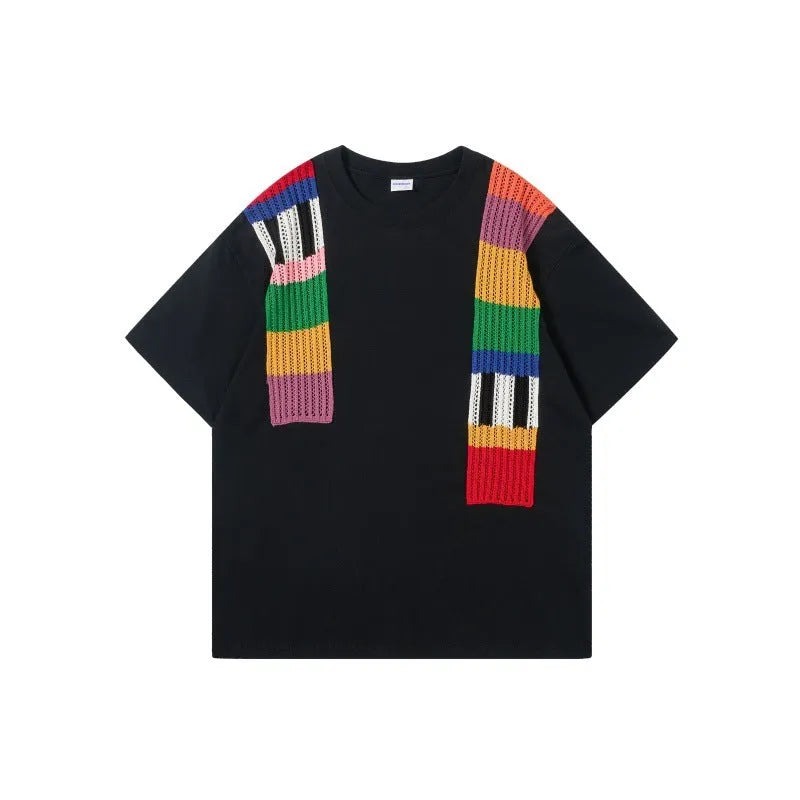 Loose fit short sleeve cotton pullover with colour patchwork design and letter pattern