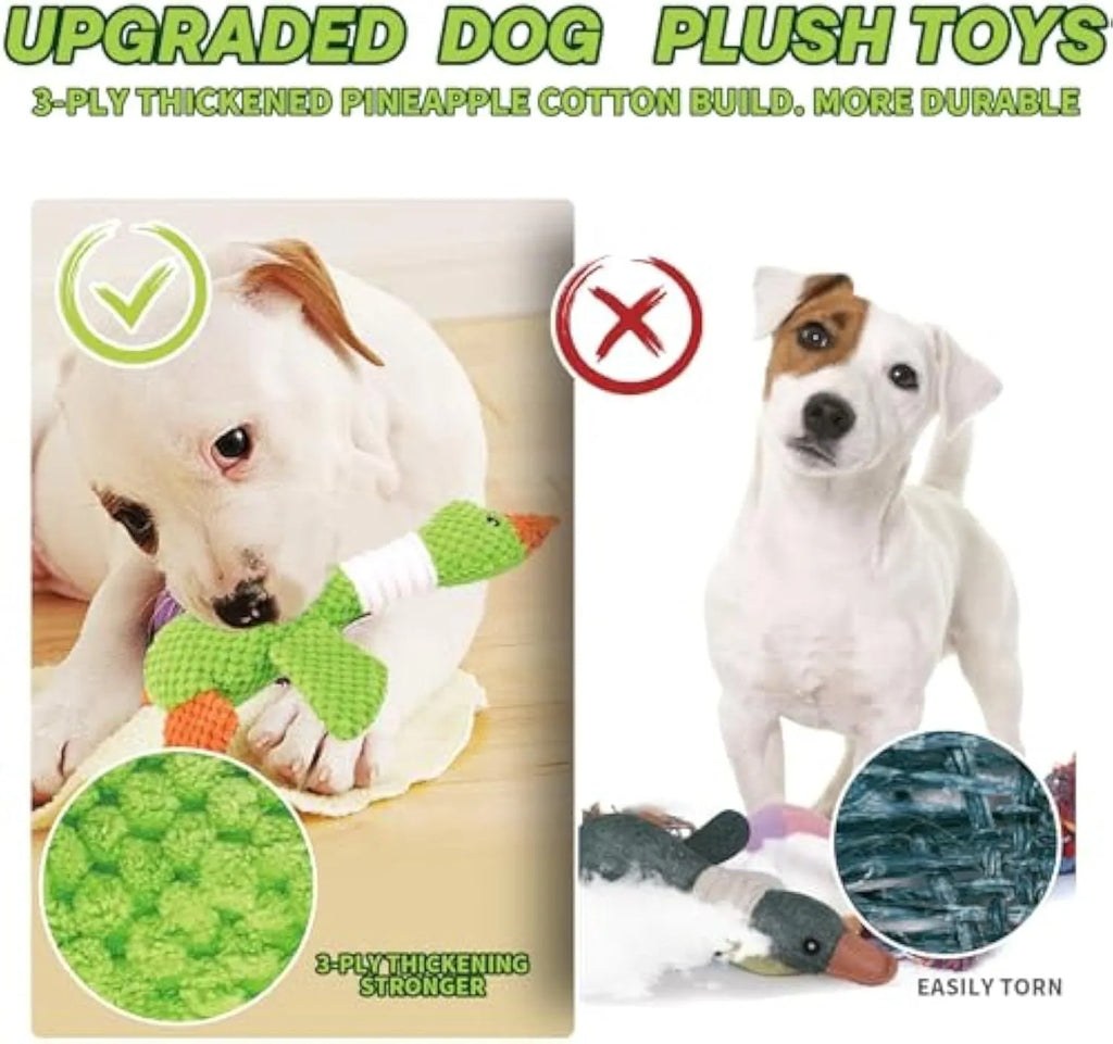 Blue duck-shaped dog plush toy with squeaker on a plain background