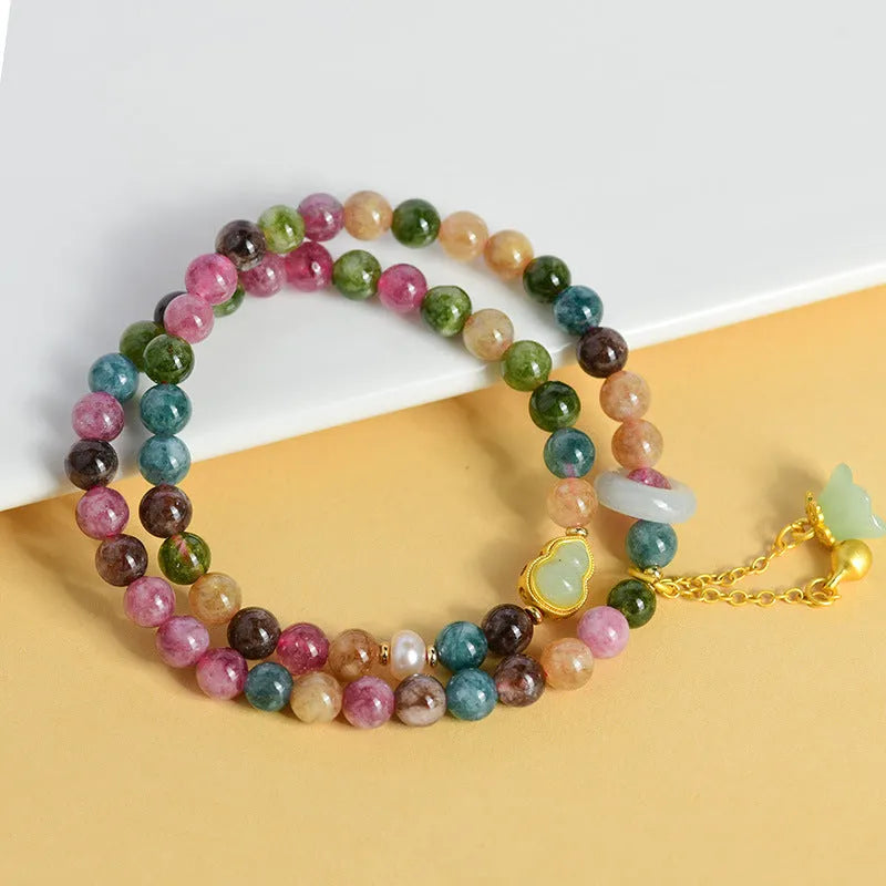 Women's double circle bracelet with chalcedony beads and geometric design