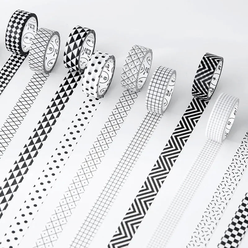 Roll of decorative paper tape showing Lattice, Wave point, and Weave patterns, labelled 15mm wide by 7 metres long.