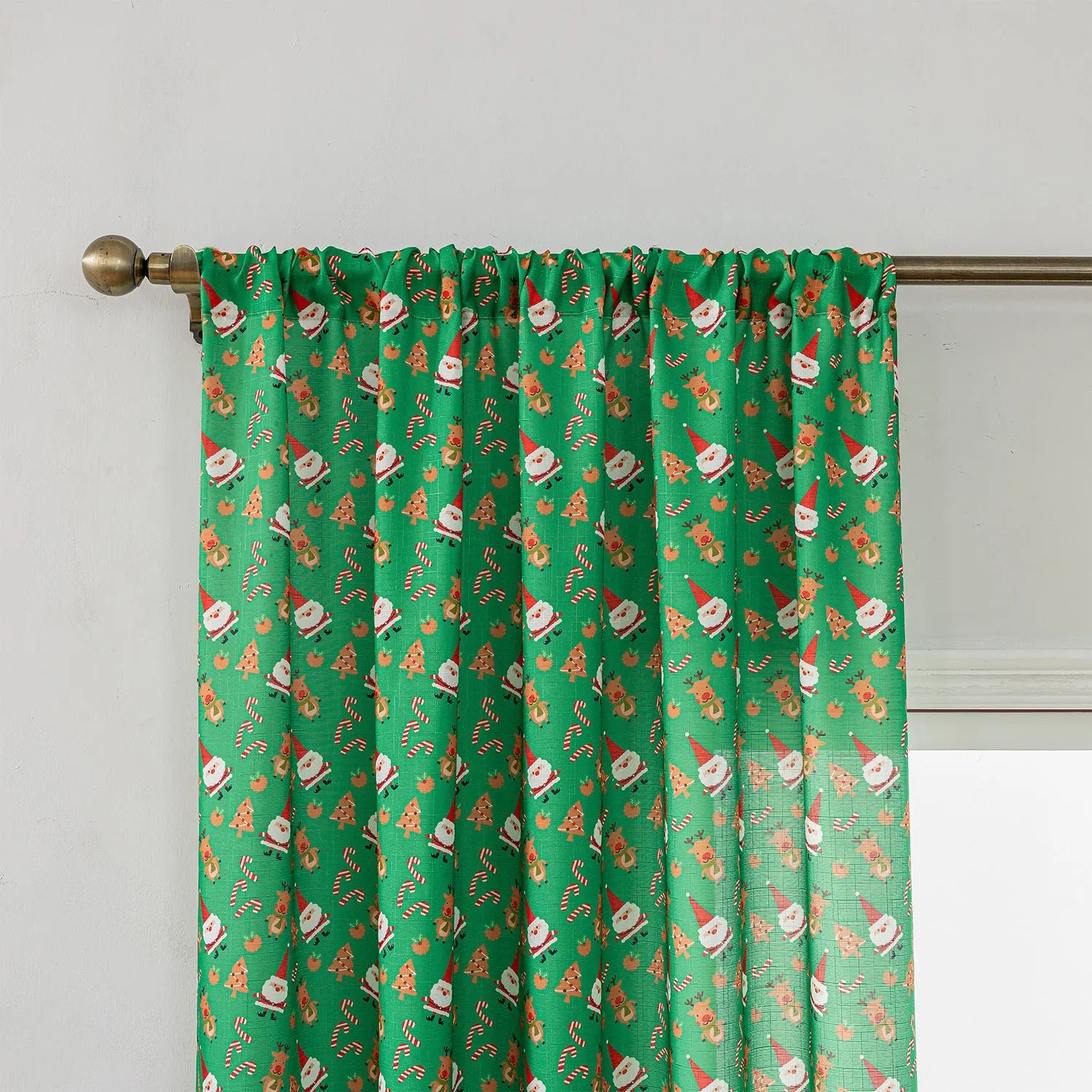Christmas curtain with snowman and angel cartoon print in red or green, 1 metre length