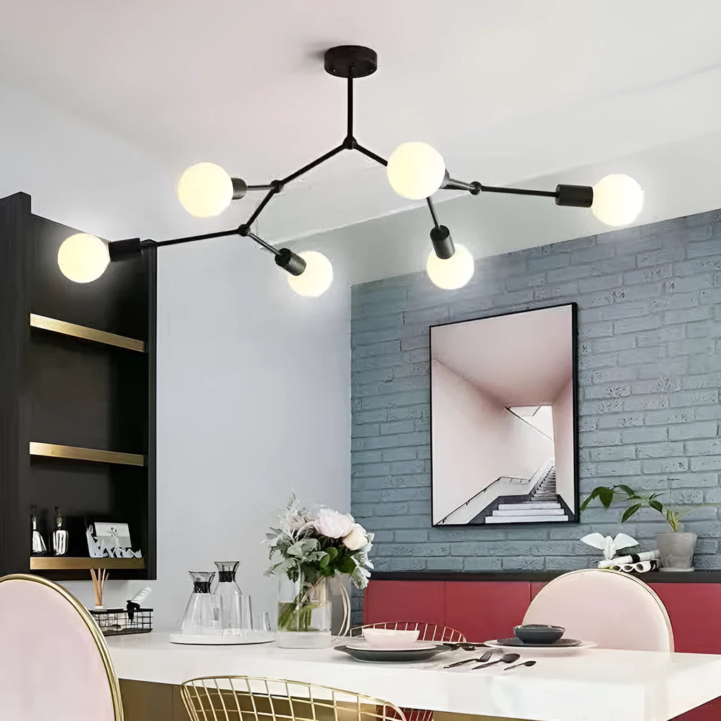 Nordic style black iron chandelier ceiling lamp with six light heads.