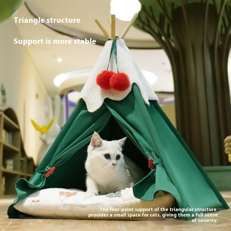 Semi-closed cat house bed with thickened cloth construction in brown and white mat options