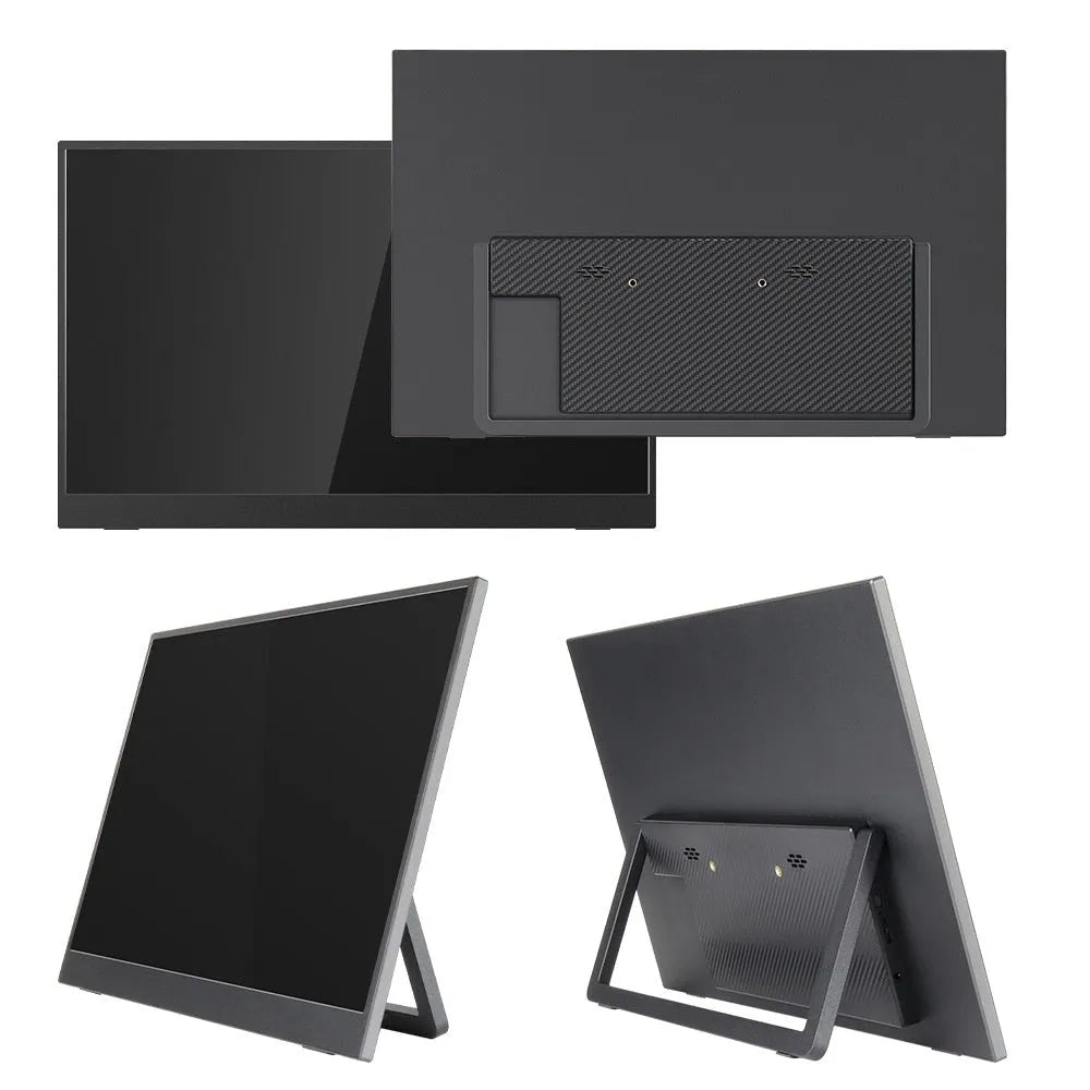 Black 15.6 inch portable IPS monitor with stand showing Full HD resolution display