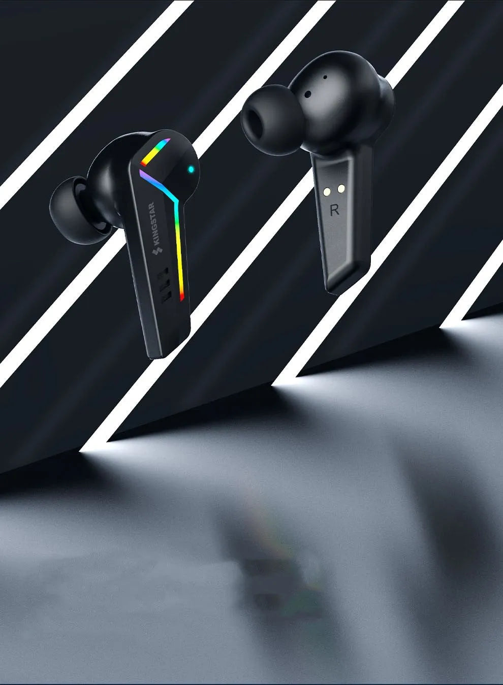 Black wireless TWS Bluetooth earbuds for sports and gaming with 15-metre range.