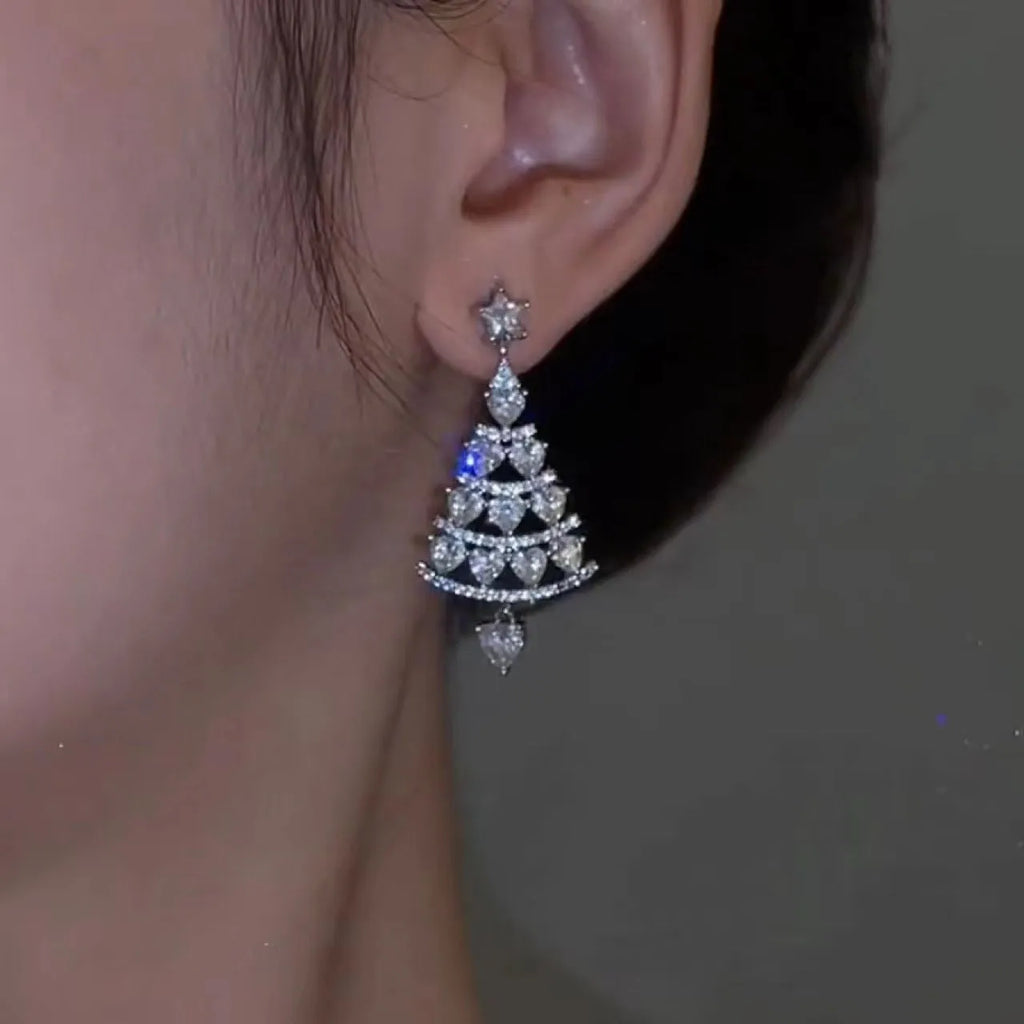 Women's silver needle Christmas tree earrings alloy electroplated geometric drop earrings with bell detail