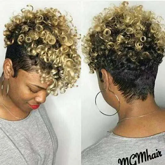 A short synthetic women's wig with simple rolls in an exotic style, shown in black, brown, gold, and grey colour options.