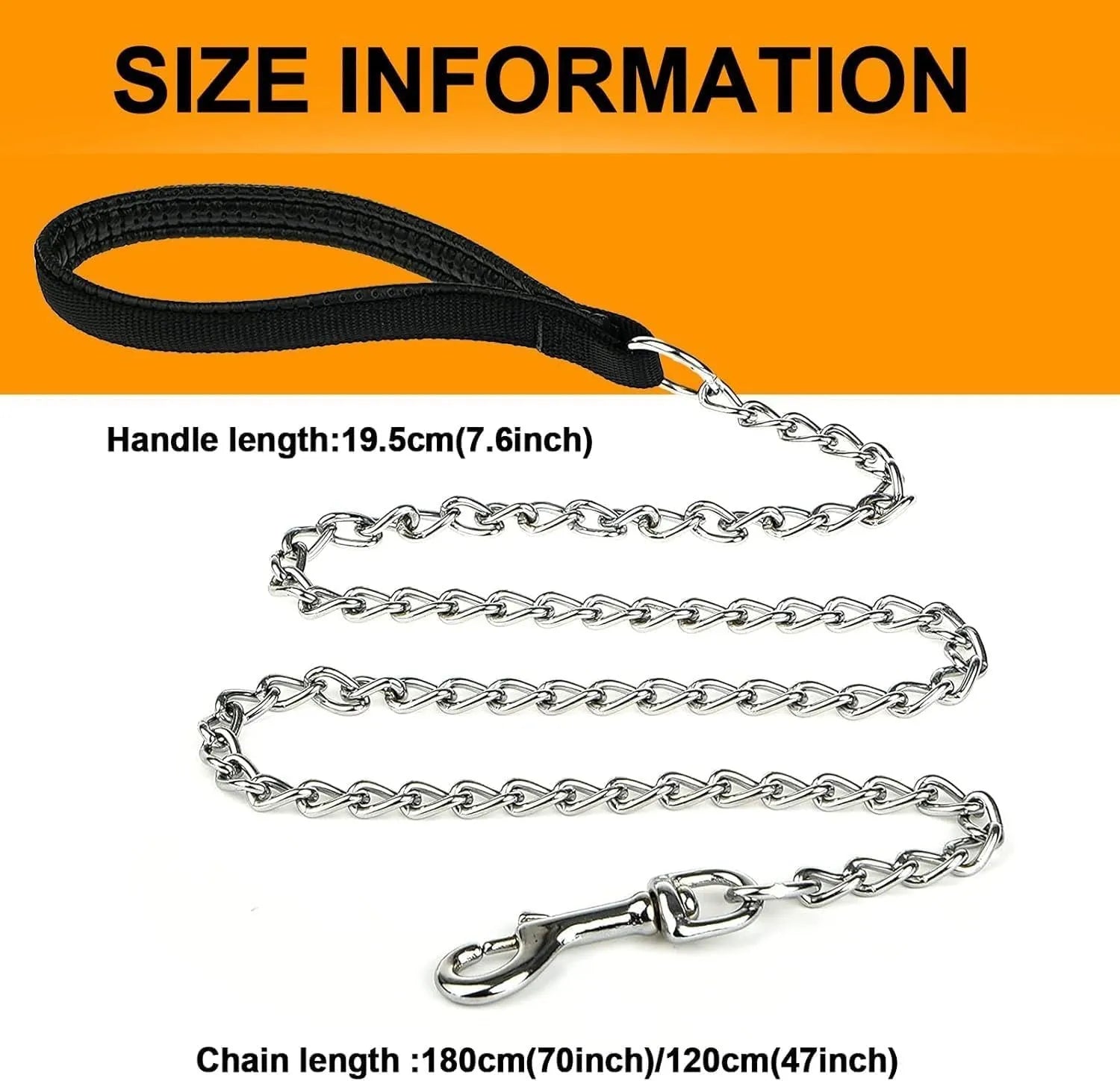 Heavy duty metal dog chain leash with soft padded handle in black, blue, or red colours