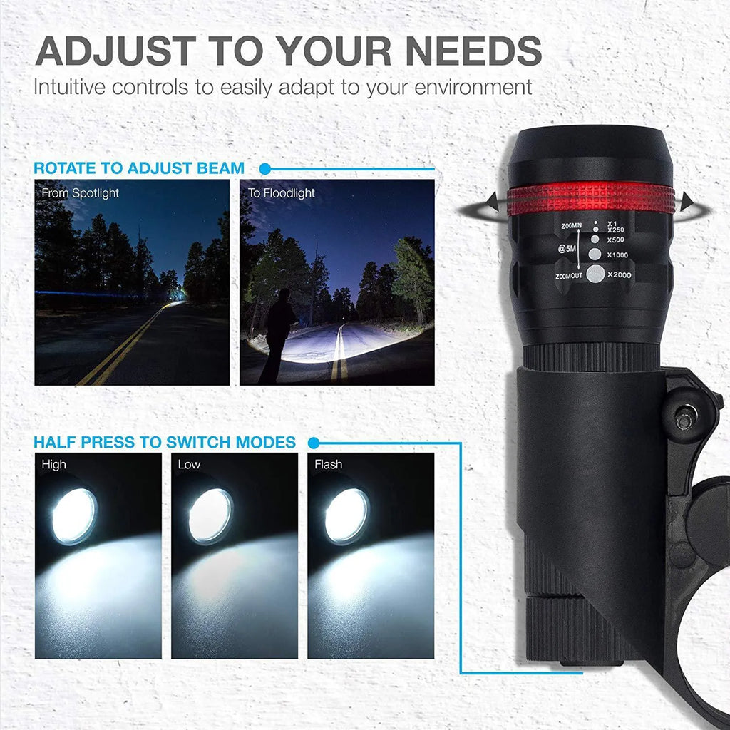 Bicycle headlight and red taillight set with mounting brackets on a bike.