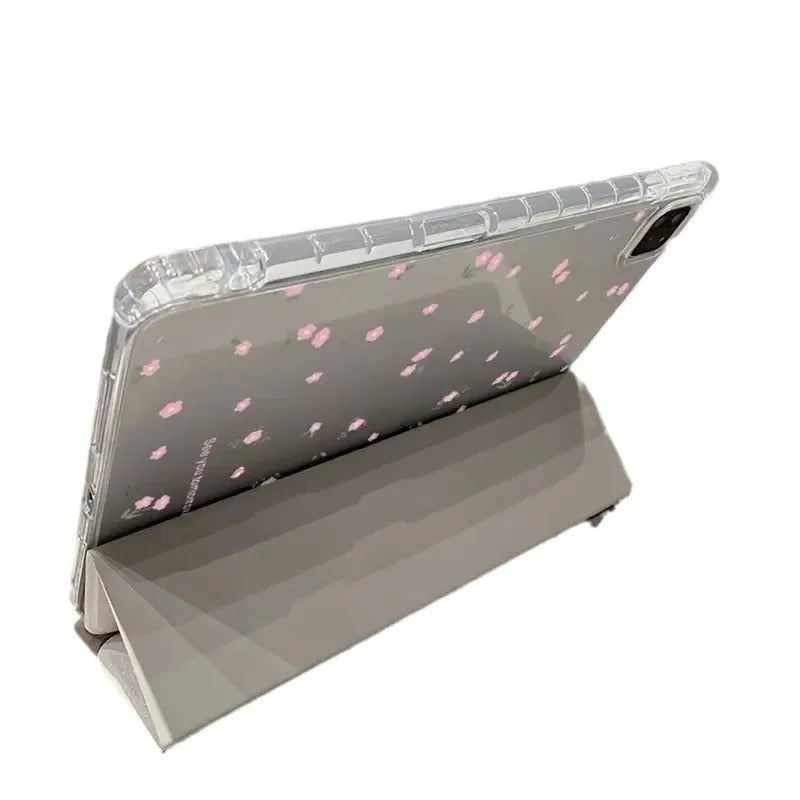 Transparent floral tri-fold tablet protective case with magnetic stand for iPad on white background