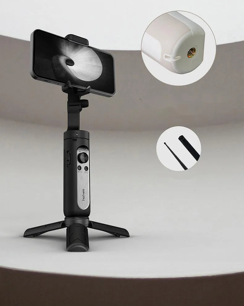 Black 3-axis mobile phone gimbal stabiliser shown in folded position