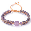 Handwoven geometric pull bracelet with blue tigereye stone beads on elastic band