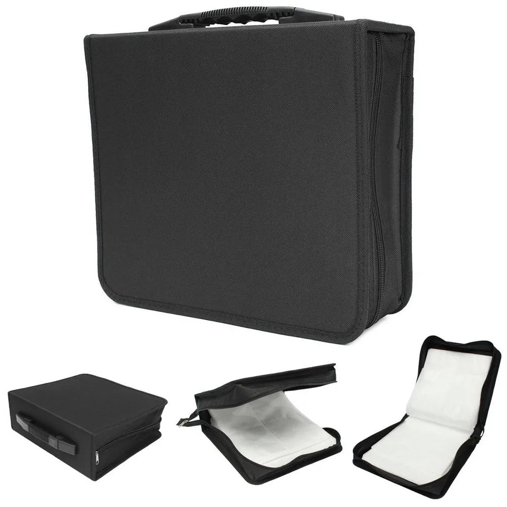 Black Oxford cloth CD DVD storage binder with zipper closure and top carrying strap