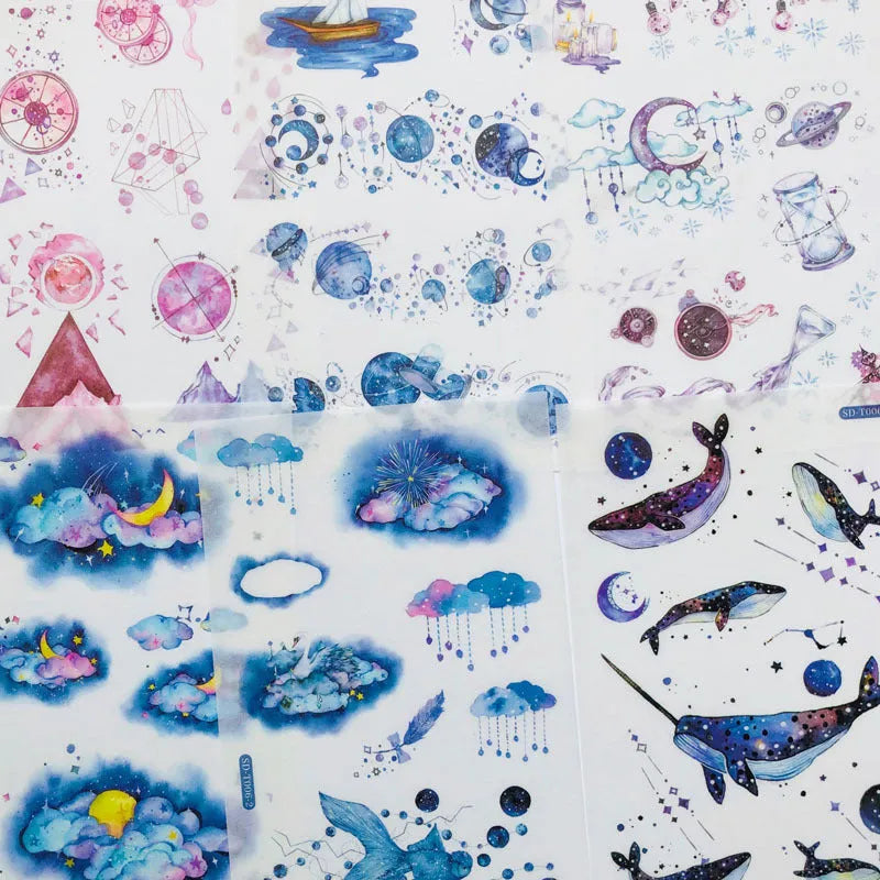 Japanese paper sticker sheet set with fantasy stars pattern, size 10.5 by 14.1 cm