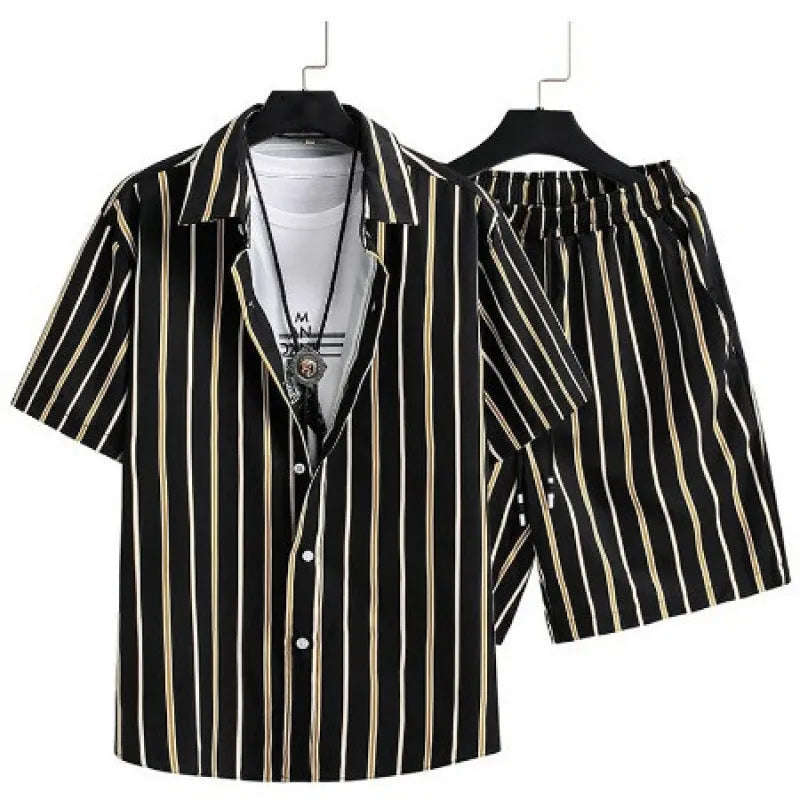 Men's casual digital print short sleeve shirt and matching shorts set in polyester.