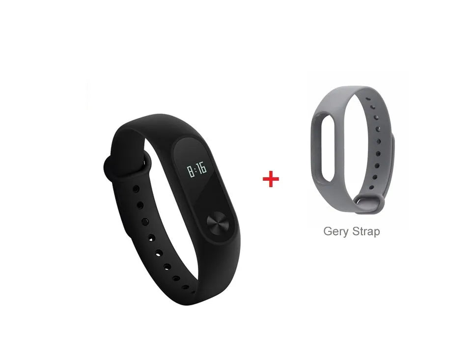 Xiaomi Mi Band 2 black smartband with OLED display on adjustable grey wrist strap.