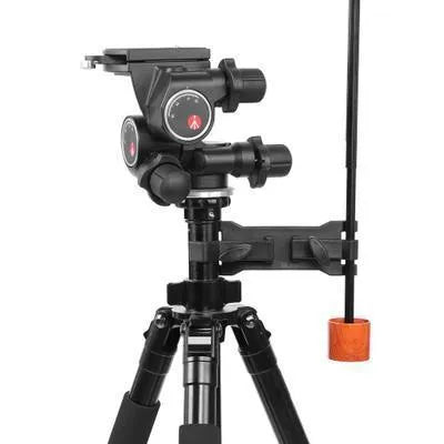 Black ABS plastic umbrella clip attached to an Apple tripod for camera rain protection.