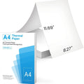 Pack of white A4 quick-drying thermal paper sheets for portable thermal printers, showing packaging options.