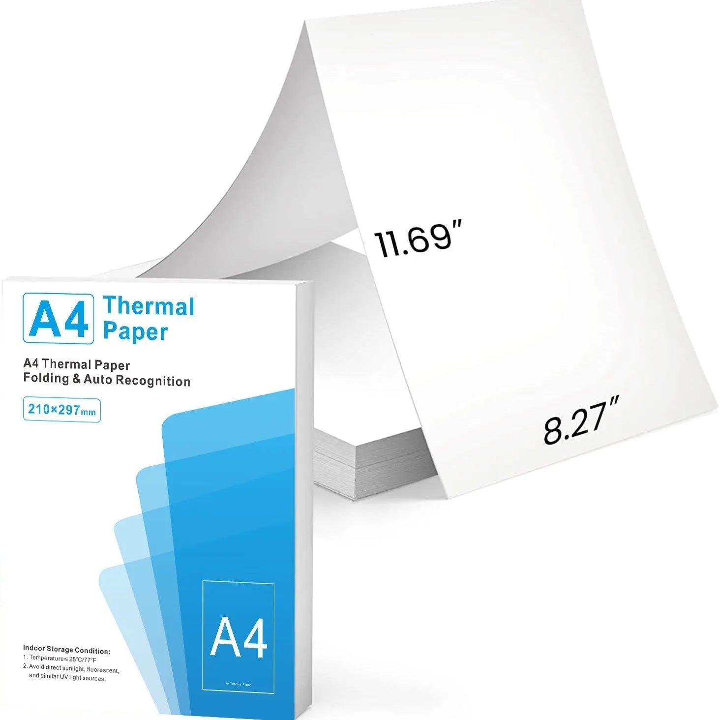 Pack of white A4 quick-drying thermal paper sheets for portable thermal printers, showing packaging options.
