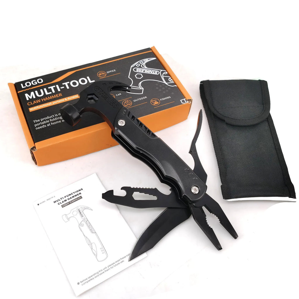 Multifunctional nail hammer with metal head, 160x75x23mm size, and claw on a storage bag