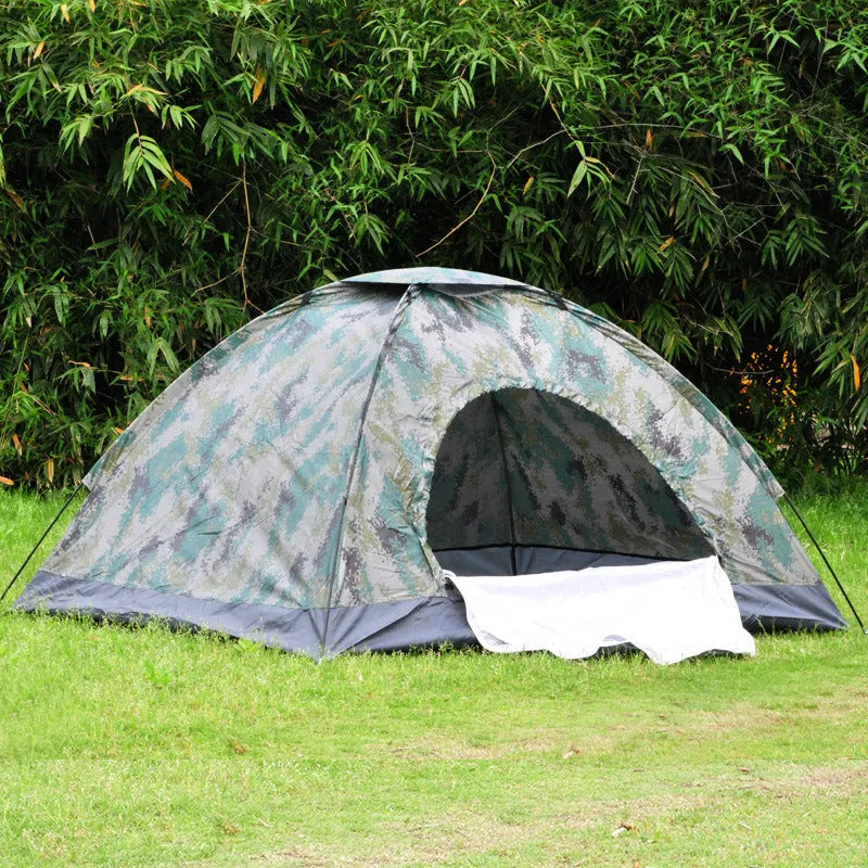 Double camouflage camping tent with digital pattern, fibre glass struts and waterproof Oxford cloth base