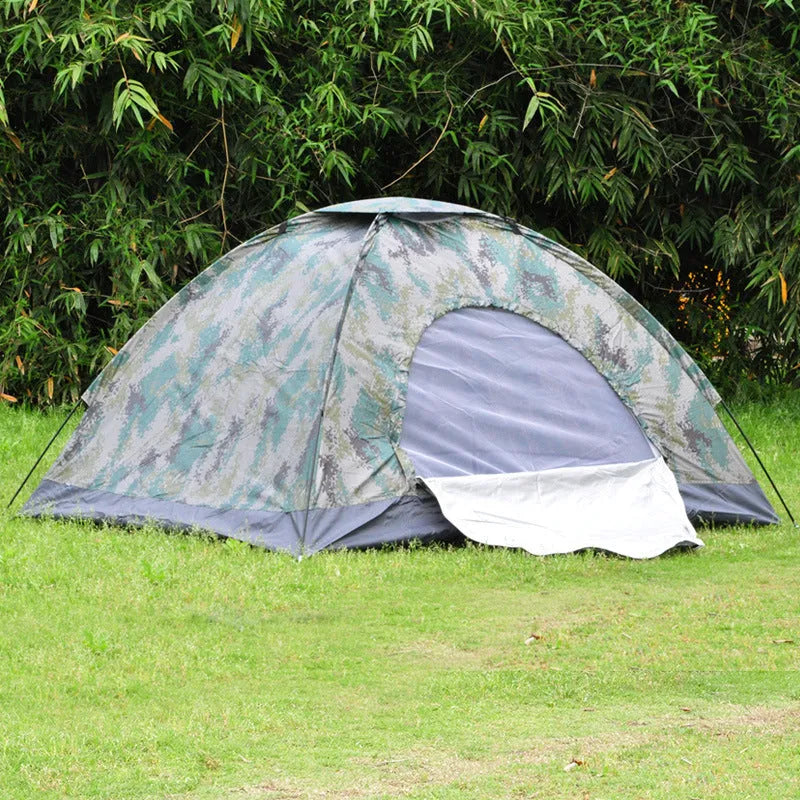 Double camouflage camping tent with digital pattern, fibre glass struts and waterproof Oxford cloth base