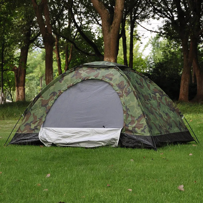 Double camouflage camping tent with digital pattern, fibre glass struts and waterproof Oxford cloth base