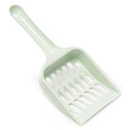 Blue plastic cat litter scoop for cleaning pet litter trays, shown with measurements.