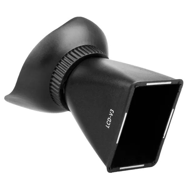 Black camera framing amplifier viewfinder magnifier attached to a DSLR LCD screen.