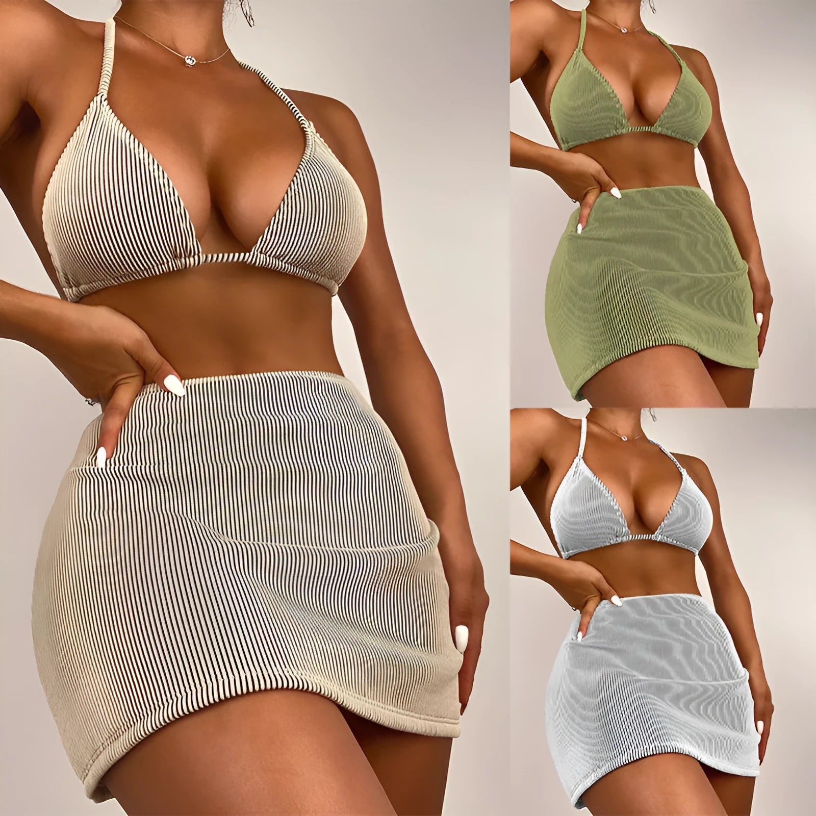 Bikini swimsuit set in small rib fabric, shown in khaki colour, styled as sleeveless briefs.