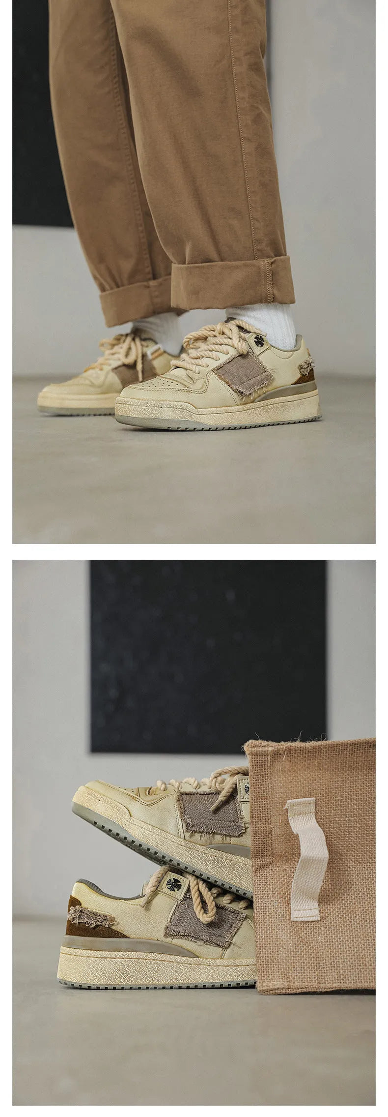 Beige vintage style skateboard sneakers with round toe and rubber sole