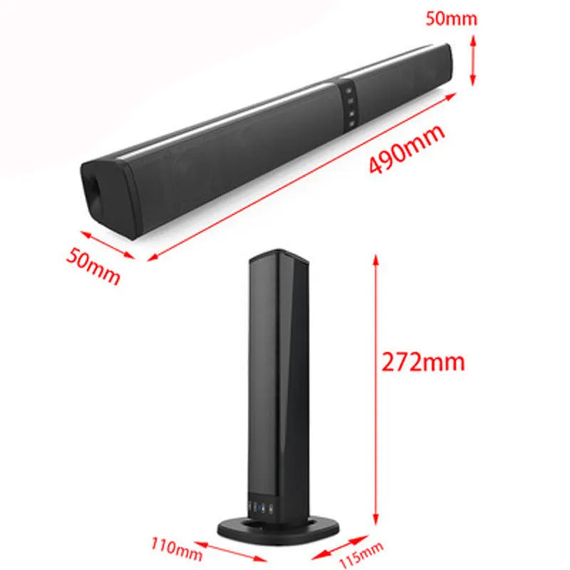 Black foldable split TV Bluetooth speaker with dual speakers showing 490mm length plastic construction