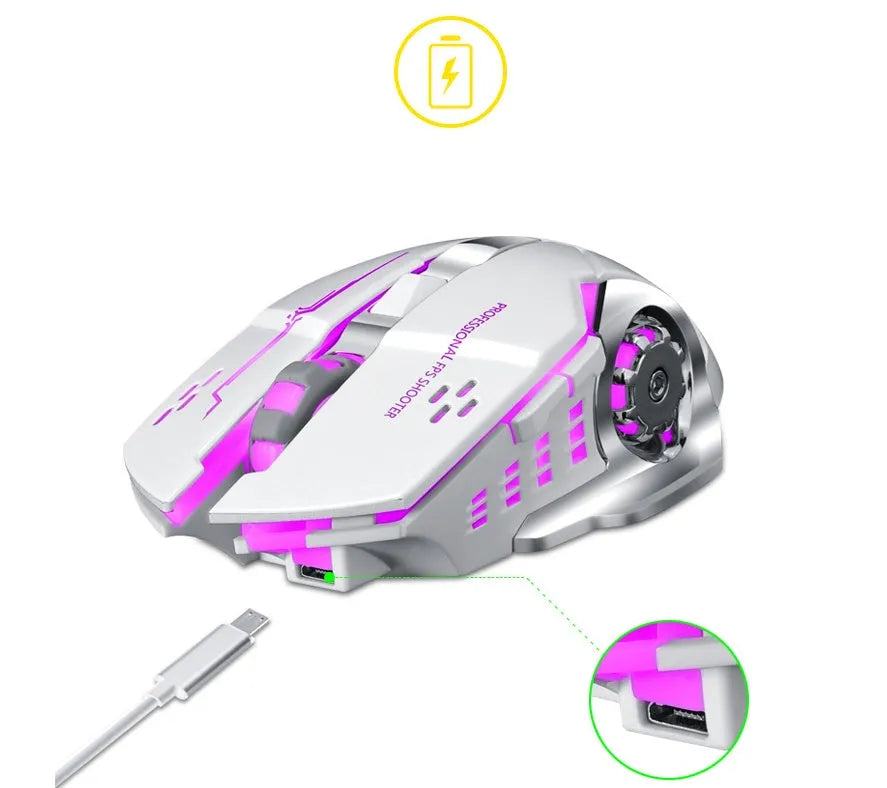Black and white wireless computer mouse with USB charging cable and silent buttons.